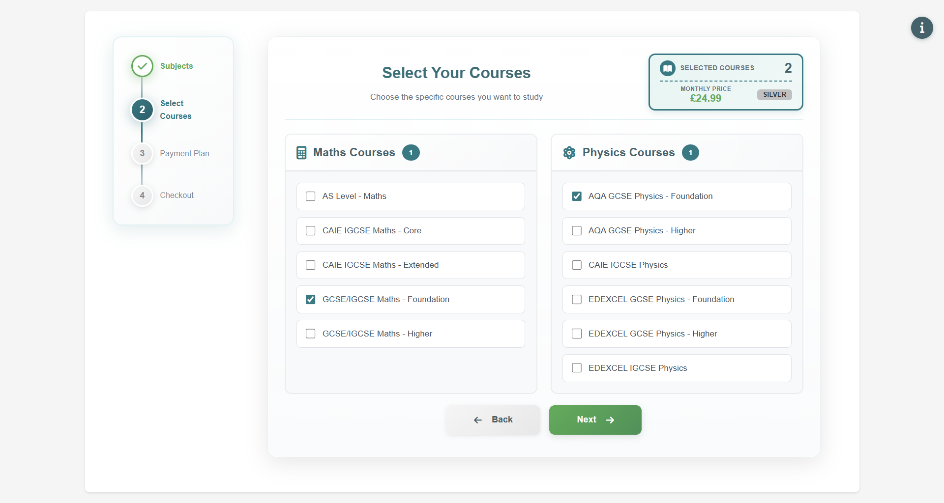 Form Step 2 - Select Subjects
