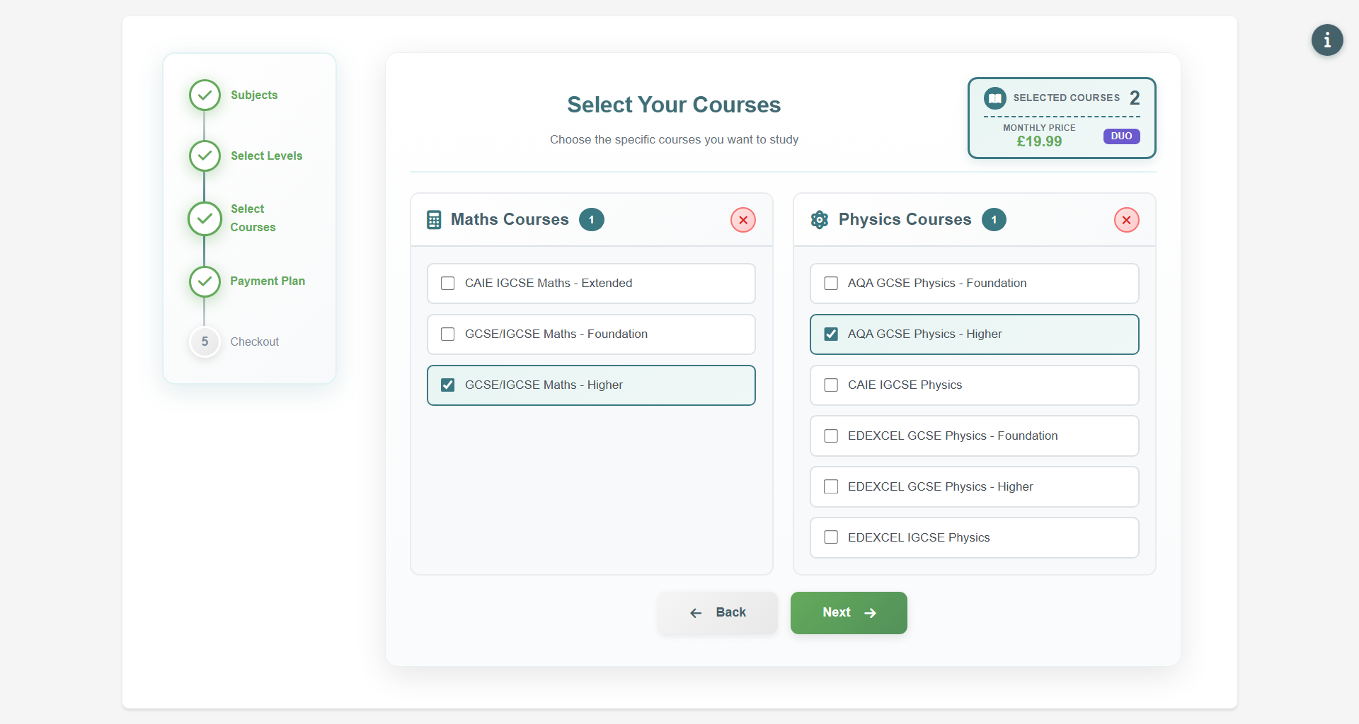 Form Step 3 - Select Courses